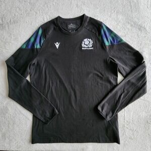 Scotland Rugby Long Sleeve T Shirt Mens Medium Logo Black With Tartan Cotton Bld